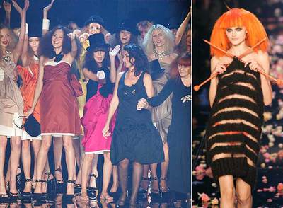 A la izquierda, Sonia Rykiel sale de la mano de su hija a saludar al término de su desfile. Sobre estas líneas, modelo de Jean Paul Gaultier.