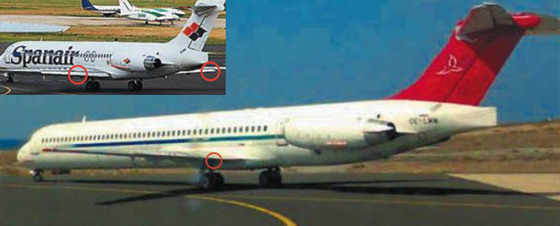 El MD-83 matrícula OE-LMM de Mapjet (foto grande) enfila la pista de despegue de Lanzarote sin los flaps puestos, el 5 de junio de 2007. Un piloto que estaba en otro avión tomó esta foto. Los flaps salen de la parte posterior del ala y sustentan el avión al despegar. Al igual que el accidente de Barajas, las alarmas no alertaron de la posición de los flaps. Se rozó la tragedia, pero los pilotos lograron remontar el vuelo. en la foto pequeña, un avión similar con los flaps puestos.