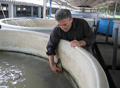 El director del Centro Shahid Behesti, Mohammad Toluei, con una  hembra de esturión.