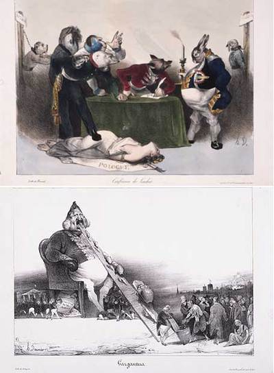 Abajo,  Gargantúa  (1831). Arriba, en la  Conferencia de Londres  (1832), Polonia es la mujer; Prusia, un caballo; Rusia, un oso; Austria, un mono; Inglaterra, un zorro; Francia, una liebre; Bélgica, un pavo, y Holanda, un perro.