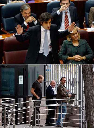 El consejero de Sanidad, Juan José Güemes, en su comparecencia. Abajo, tres de los sindicalistas que  destapó   salen de la Asamblea.