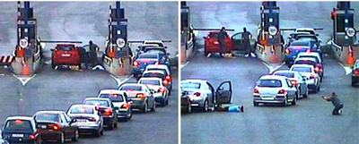 Las imágenes policiales muestran el arresto de dos  narcos  al pagar el peaje (izquierda) y a un agente encañonando al que transportaba la heroína (derecha).