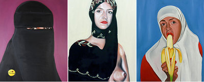 De izquierda a derecha las obras de Sarah Maple tituladas  Orgasmo, Autorretrato con pecho de Kate Moss   y  Bananarama.