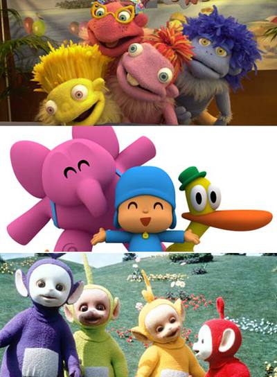Algunos de los personajes de series infantiles más populares de la televisión:  Los Lunnis  (arriba),  Pocoyó  y  Los   Teletubbies .