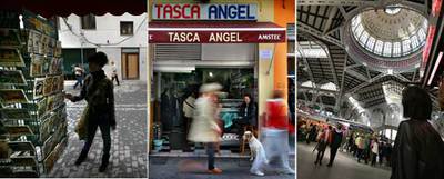 De izquierda a derecha, la plaza donde se encuentra la horchatería de Santa Catalina, una tasca de la Ciutat Vella, y el Mercado Central.