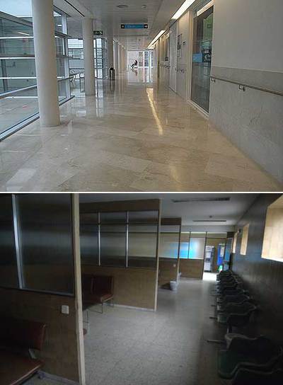 El Marañón es un hospital de contrastes. Arriba, la maternidad de O'Donnell; abajo, el velatorio.