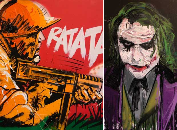 Arriba, el óleo titulado 'Ratatata!'  A bajo, retrato del actor Heath Ledger en el papel de Joker.