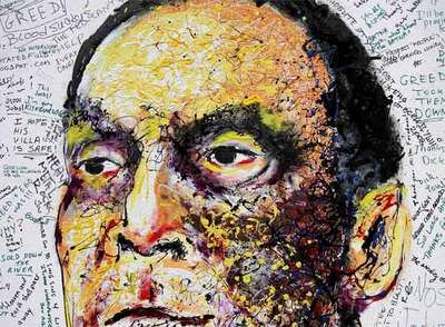 El retrato de Richard Fuld, director de Lehman Brothers, se ha llenado de pintadas. Muy repetida:  
