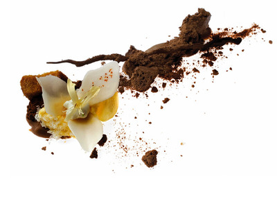 Orquídea hecha con yogur y helado de azafrán, con bizcocho de miel caramelizada y ramos y rocarnde chocolate.