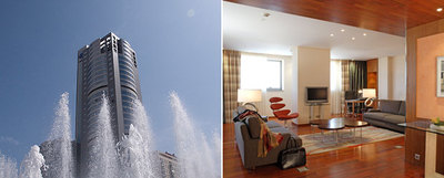 A la izquierda, fachada exterior del Hilton Valencia, en la avenida de las Cortes Valencianas. A la derecha, una de las  suites  presidenciales del hotel.