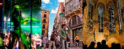 De izquierda a derecha, interior de una discoteca en la zona del Arenal; la céntrica calle de Cólon,  cerca del Ayuntamiento de Palma, y la capilla de la catedral, con la gran cerámica obra de Miquel Barceló.