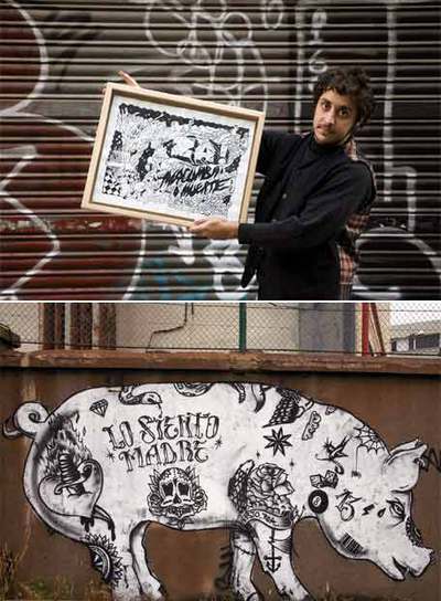 Arriba, Ernesto La Mela. A la izquierda,  graffiti  en Sant Adrià del Besòs.