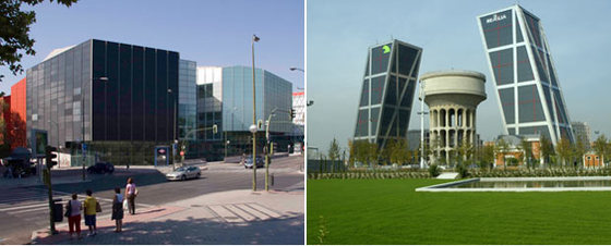 A la izquierda, los Teatros del Canal, en la calle de Bravo Murillo. A la derecha, el parque construido sobre los depósitos de agua en la plaza de Castilla.