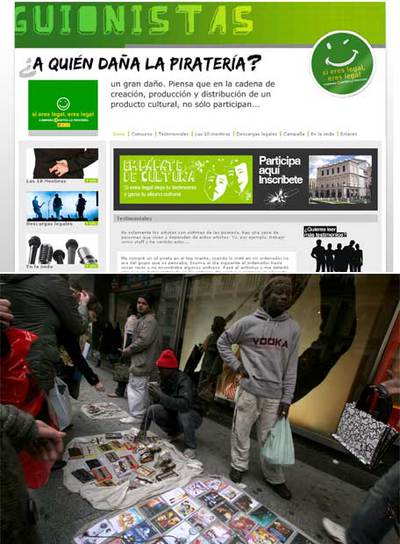 Arriba, página oficial de la campaña  Si eres legal, eres legal . Abajo, vendedores de CD  piratas  en la calle de Preciados (Madrid).