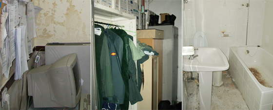 A la izquierda, humedades en unas dependencias de la Guardia Civil. En el centro, unos vestuarios usados como archivo. A la derecha, humedades y suciedad en un servicio.