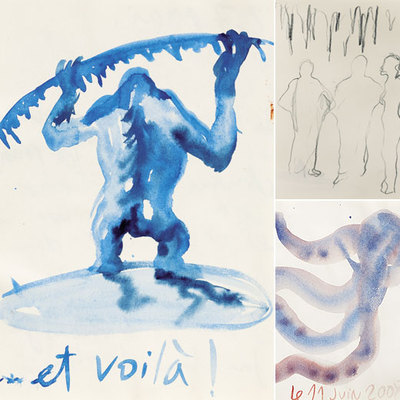 A la izquierda, uno de los últimos dibujos de Barceló cuando ya dio por acabada la cúpula de Ginebra. Arriba, dibujo con un pulpo, uno de los animales que ahora más le obsesionan. Abajo, boceto preparatorio.