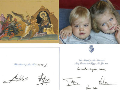 El  christmas  de los Reyes y, a la derecha, la felicitación de los Príncipes con la imagen de sus hijas.