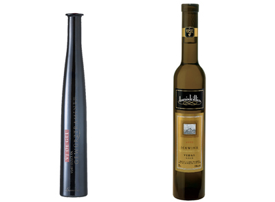 A la izquierda, botellas de la bodega canadiense Inniskillin y del  vi de gel  elaborado en Cataluña.