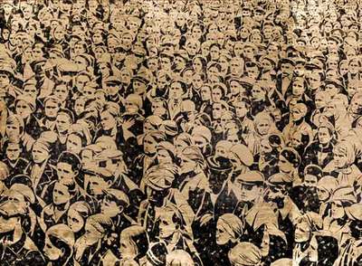  Brothers and Sisters  (2008), uno de los cuadros de Alexéi Beláyev-Gintovt, ganador del premio Kandinsky y cuya inspiración en el arte soviético es patente.