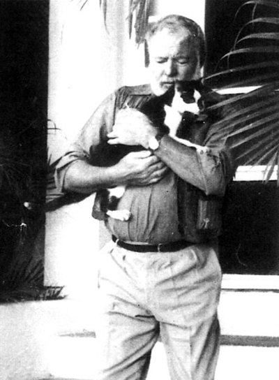 Hemingway, con su gato  Colón,  en su casa de Finca Vigía.