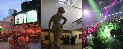 De izquierda a derecha, la instalación  Prótesis institucional , de Santiago Cirugeda, en el Espai d'Art Contemporani; el refinado interior del Museo de Bellas Artes, y la pista de baile de la discoteca Narita.