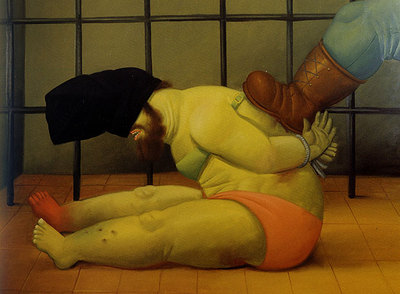 Óleo de la serie  Abu Ghraib  (2005), de Fernando Botero, que se exhibe hasta el 1 de febrero en la Fundación Caixagalicia, en Vigo.