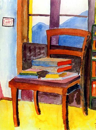  Silla con libros,  acuarela de Hermann Hesse (arriba).