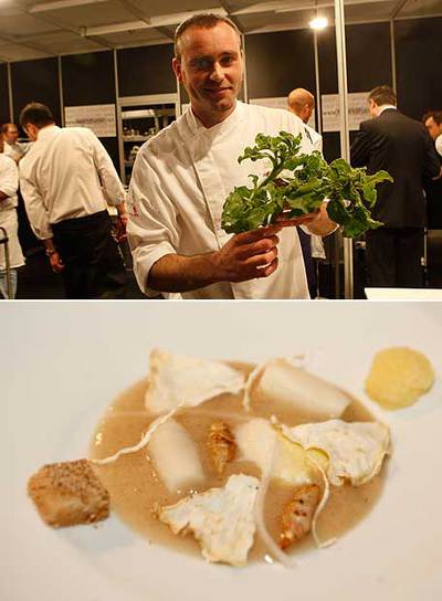 Arriba, el cocinero de Aranjuez Rodrigo de la Calle muestra sus verduras del desierto. Abajo, plato elaborado con tubérculos por Paco Morales,  chef  del restaurante madrileño Senzone.
