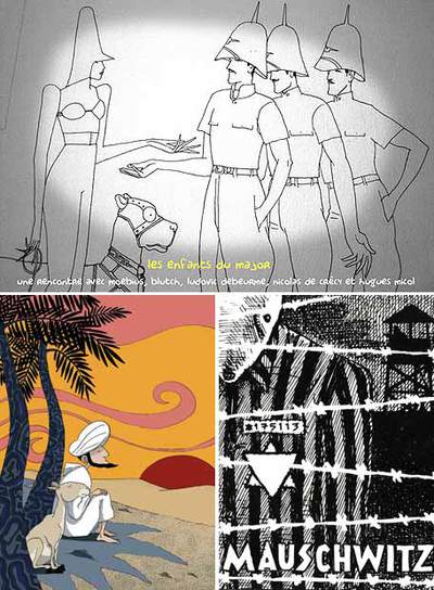 Arriba,  Mayor fatal  , de Moebius, de cuya obra se debate en Angulema. A la izquierda, dibujo de Patrick Morin expuesto en el Salón. A la derecha, viñeta de   Maus. 