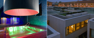 A la izquierda,  spa  del nuevo parador de Alcalá de Henares, y aspecto del laberinto de habitaciones con jardín en el techo proyectado por el estudio de arquitectura Aranguren & Gallegos.