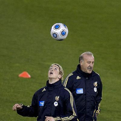 Torres, junto a Del Bosque, en el entrenamiento de ayer de la selección española.