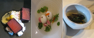 Trozos de sandía simulando atún (arriba), sopa con flores y hierbas y sopa  dashi  con caldo de pescado.