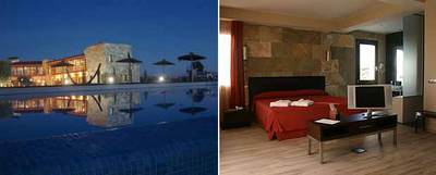 Villa Nazules evoca la arquitectura urbana en el medio rural. La piscina exterior, lugar privilegiado para ver atardecer. A la derecha, una de las sobrias habitaciones.