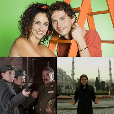 Arriba, actores de Aída. Abajo, a la izquierda, escena de  23-F, el día más difícil del Rey  e imagen de  Españoles en el mundo. 