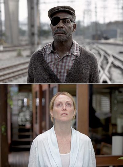Arriba, Danny Glover y Julianne Moore, en dos escenas de  A ciegas , la adaptación cinematográfica de la novela  Ensayo sobre la ceguera .