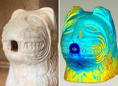 A la izquierda, el  original de uno de los leones de mármol blanco; a la derecha, el león escaneado en tres dimensiones.