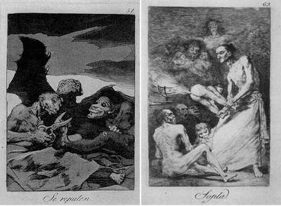 Dos de los  Caprichos  de Goya. A la izquierda,  Se repulen;  a la derecha,  Sopla. 