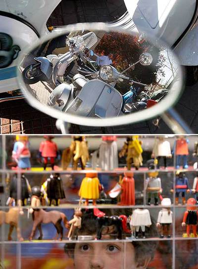 Arriba, concentración de  vespas  en la avenida de Valladolid. Abajo,   clicks  de Playmobil en un centro comercial.