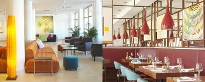 Salón del hotel Espléndido (a la izquierda) y el  bistrot  de este hotel mallorquín de atmósfera nórdica.