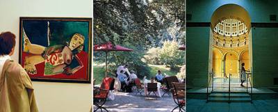 A la izquierda, uno de los  picassos  de la colección Frieder Burda de Baden-Baden; en el centro, terraza del hotel Brenner's Park, y a la derecha, interior de las termas Friedrichsbad (abiertas en 1877).