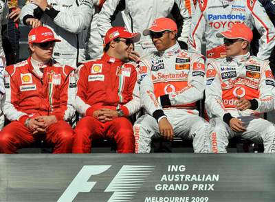 Raikkonen, Massa, Hamilton y Kovalainen antes de la carrera.