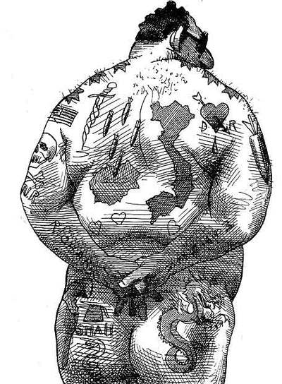 Kissinger tatuado con sus  aventuras bélicas,  uno de los dibujos que nunca se publicaron.