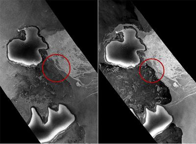 El puente que unía la placa Wilkins a tierra firme (izquierda), el 30 de marzo. Y la fractura del mismo vista ayer por el  Envisat .