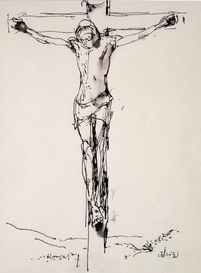  Dibujo de la 'Crucifixión',  realizado por John Berger el Viernes Santo de 2008 en la National Gallery de Londres.