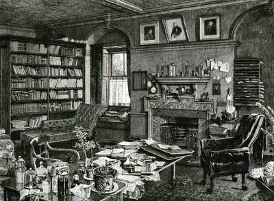 Grabado del estudio de Charles Darwin (Shrewsbury, 1809-Downe, 1882) en Down House   realizado por Axel H. Haig unos meses antes de la muerte del naturalista.