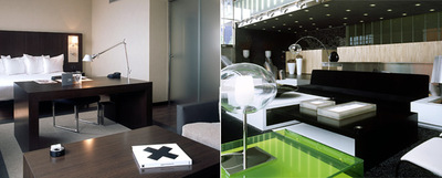 Los negros, grises y blancos dominan en el interiorismo del hotel AC Barcelona, situado junto al  edificio del Fòrum.