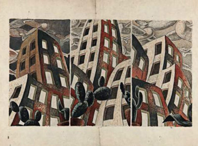 La obra  Rascacielos,  en acuarela y  guasch  de Francisco López Martínez,  Santa Cruz. 