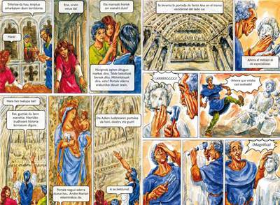 Dos páginas del cómic   Raíces de piedra   en las versiones en euskera y castellano.