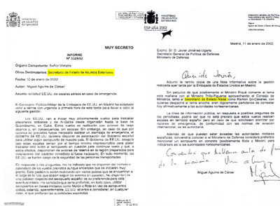 A la izquierda, el documento firmado por Miguel Aguirre de Cárcer, enviado a Piqué y Nadal, en el que informa de la petición de EE UU. A la derecha, la carta a Defensa en la que Aguirre de Cárcer asegura que se reunió la víspera con el  número dos  de Exteriores.