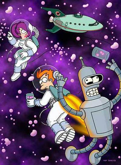 El robot Bender, Fry y Leela, de  Futurama. 
